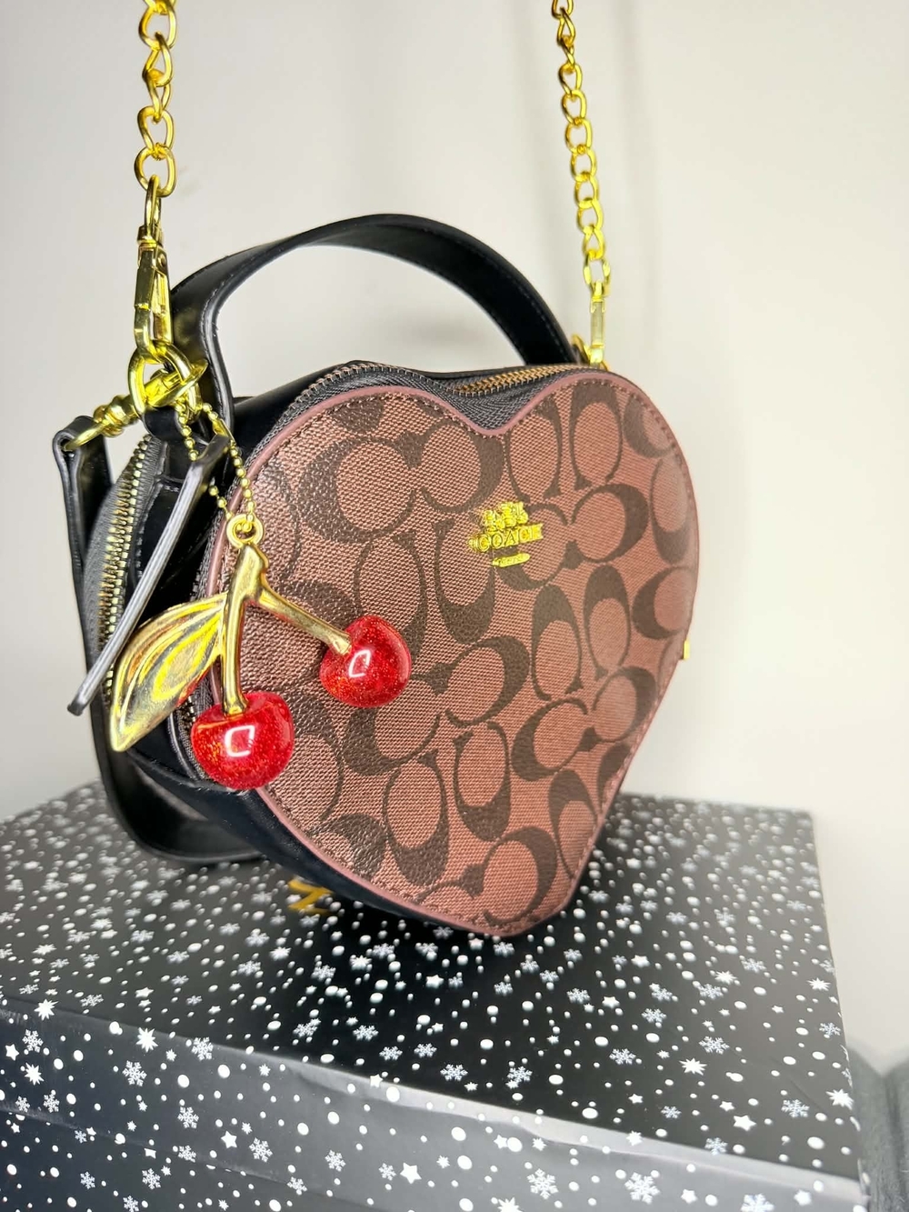 Coach Heart-Shaped Signature Crossbody Bag in Brown with Cherry Charm